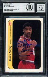 Julius Dr. J Erving Autographed 1986-87 Fleer Sticker Card #5 Philadelphia 76ers Auto Grade Gem Mint 10 Beckett BAS #19658695