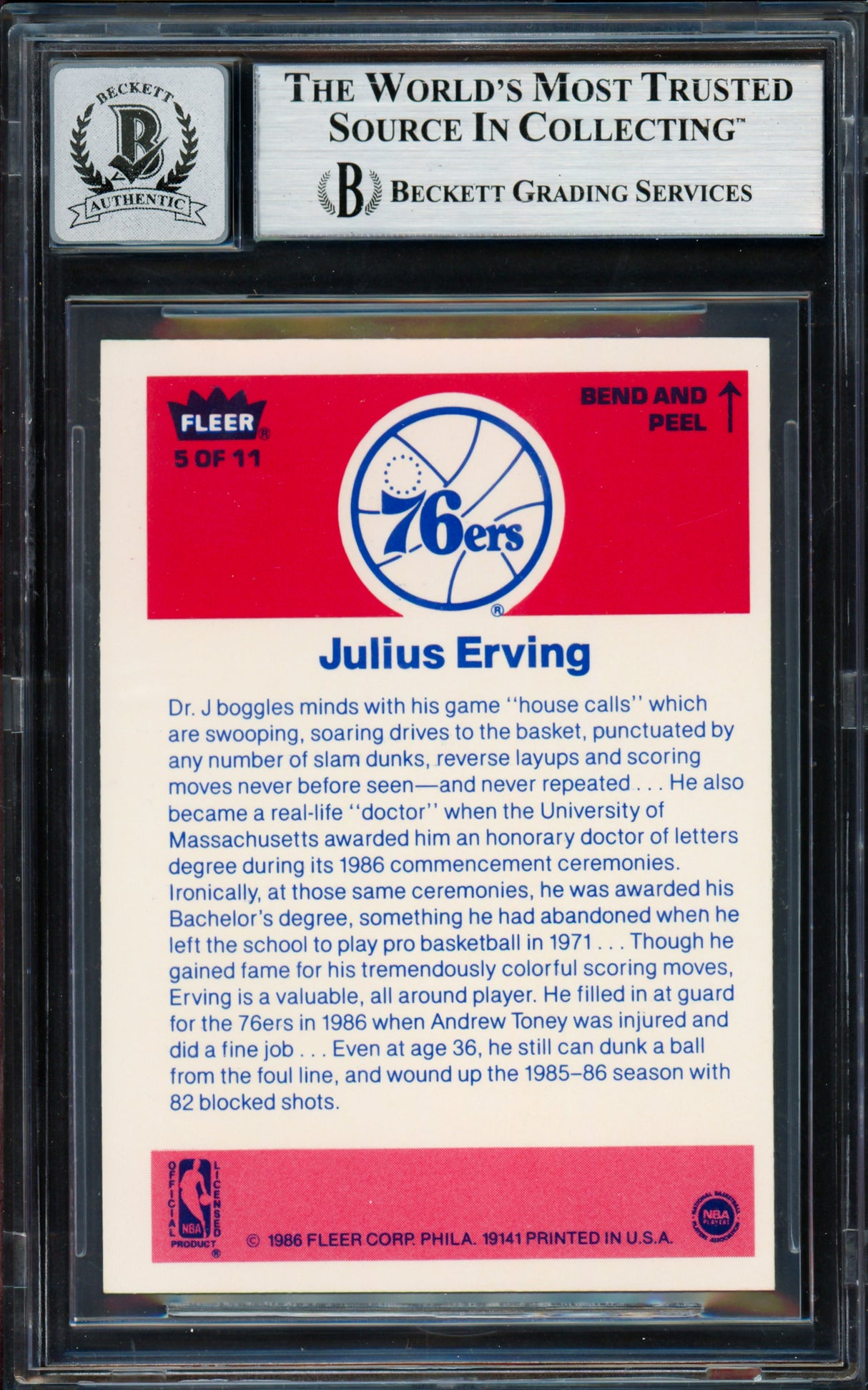 Julius Dr. J Erving Autographed 1986-87 Fleer Sticker Card #5 Philadelphia 76ers Auto Grade Gem Mint 10 Beckett BAS #19658699