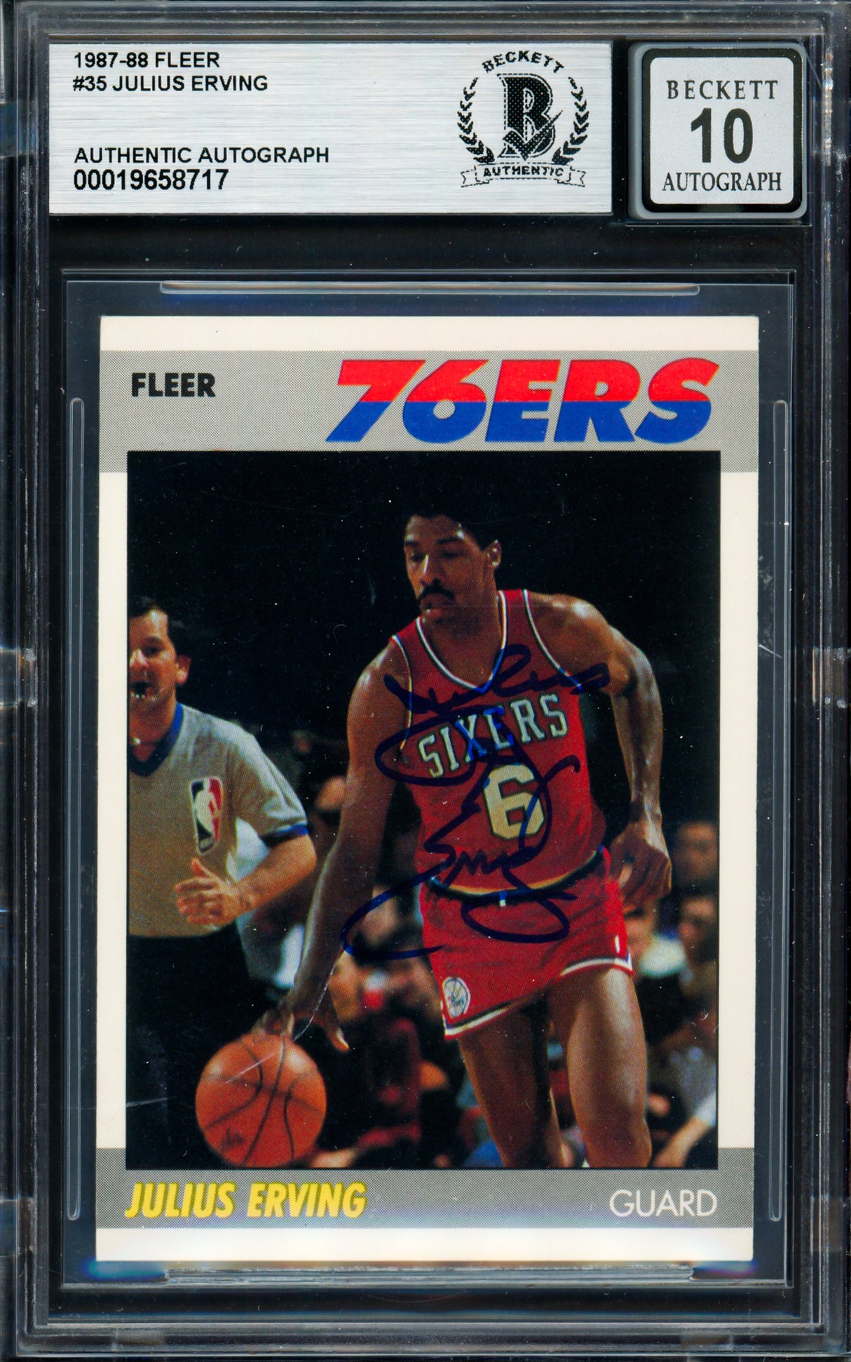 Julius Dr. J Erving Autographed 1987-88 Fleer Card #35 Philadelphia 76ers Auto Grade Gem Mint 10 Beckett BAS #19658717