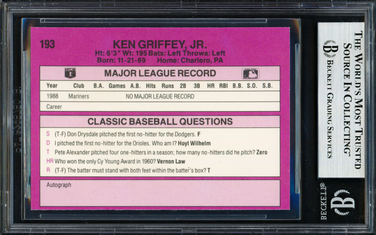 Ken Griffey Jr. Autographed 1989 Classic Travel Rookie Card #193 Seattle Mariners Beckett BAS #19664939