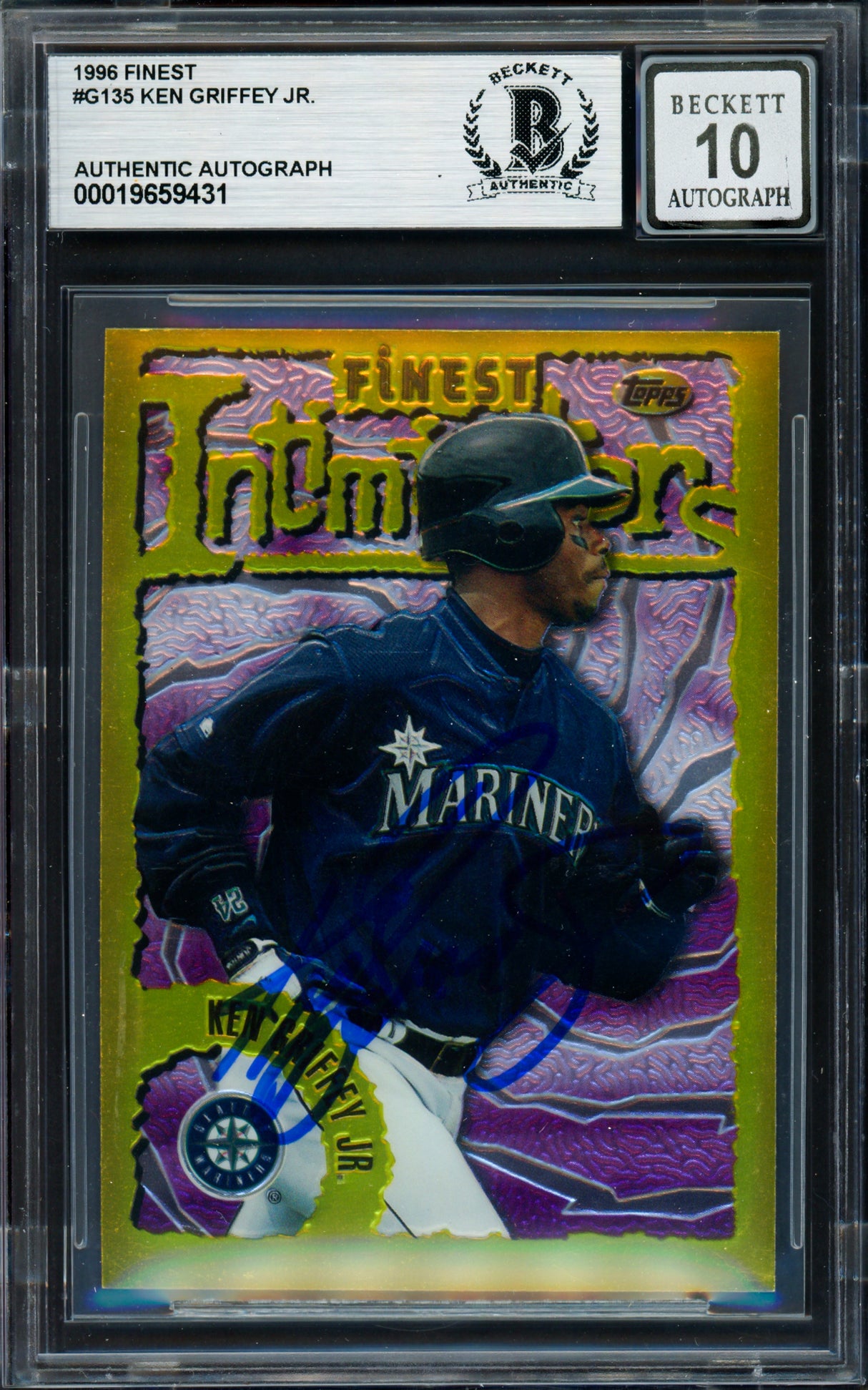 Ken Griffey Jr. Autographed 1996 Topps Finest Gold Intimidators Card #135 Seattle Mariners Auto Grade Gem Mint 10 Beckett BAS #19659431