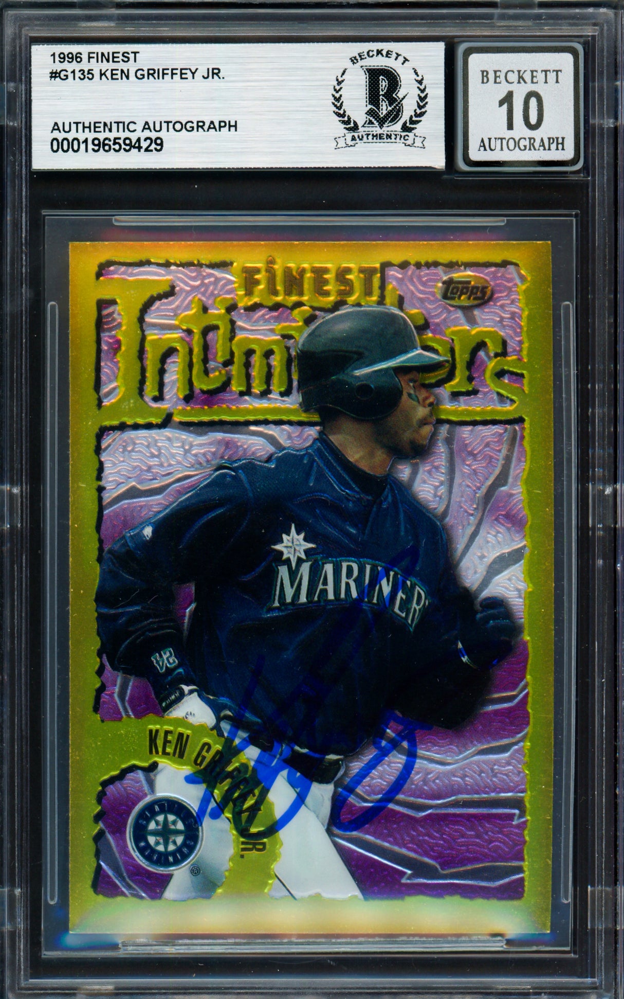 Ken Griffey Jr. Autographed 1996 Topps Finest Gold Intimidators Card #135 Seattle Mariners Auto Grade Gem Mint 10 Beckett BAS #19659429