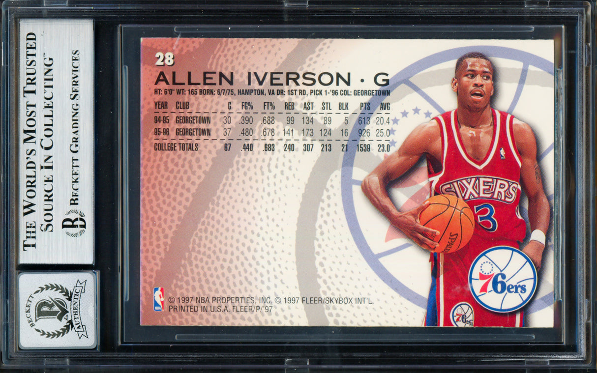 Allen Iverson Autographed 1996-97 Fleer Sprite Rookie Card #28 Philadelphia 76ers Auto Grade Gem Mint 10 Beckett BAS #19659439