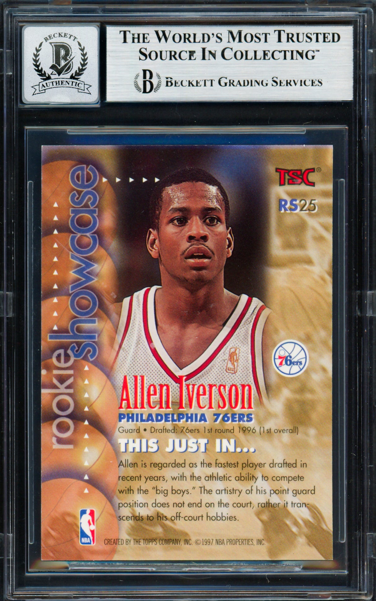 Allen Iverson Autographed 1996-97 Stadium Club Rookie Showcase Rookie Card #RS25 Philadelphia 76ers Auto Grade Gem Mint 10 Beckett BAS #19659465
