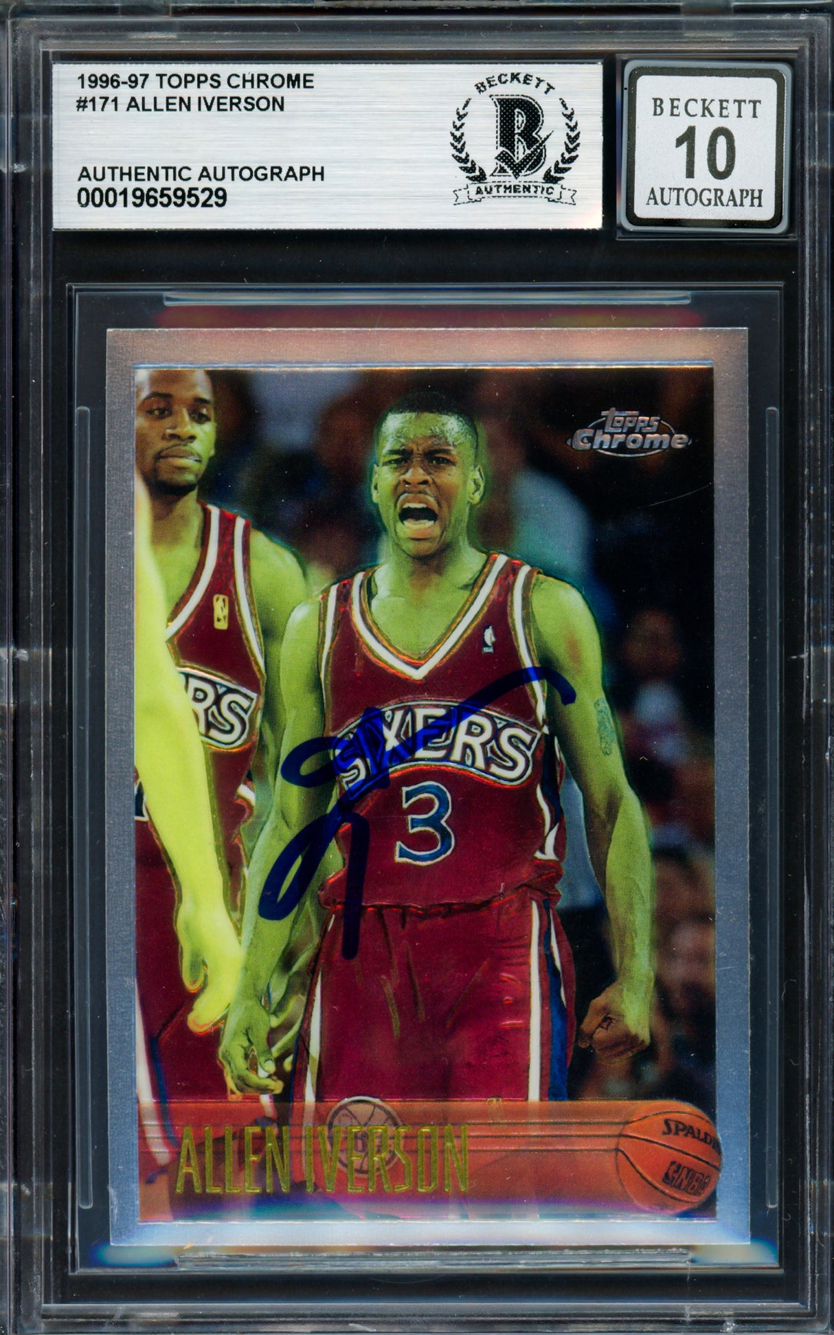 Allen Iverson Autographed 1996-97 Topps Chrome Rookie Card #171 Philadelphia 76ers Auto Grade Gem Mint 10 Beckett BAS #19659529