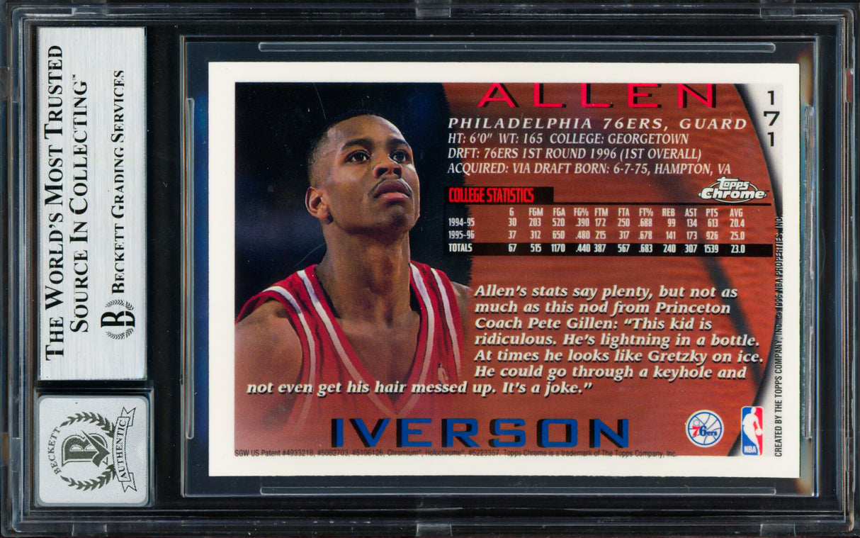Allen Iverson Autographed 1996-97 Topps Chrome Rookie Card #171 Philadelphia 76ers Auto Grade Gem Mint 10 Beckett BAS #19659529