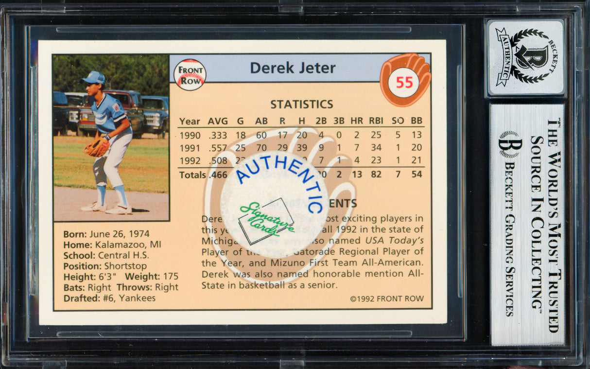 Derek Jeter Autographed 1992 Front Row Rookie Card #55 New York Yankees Auto Grade Gem Mint 10 Beckett BAS #19658741