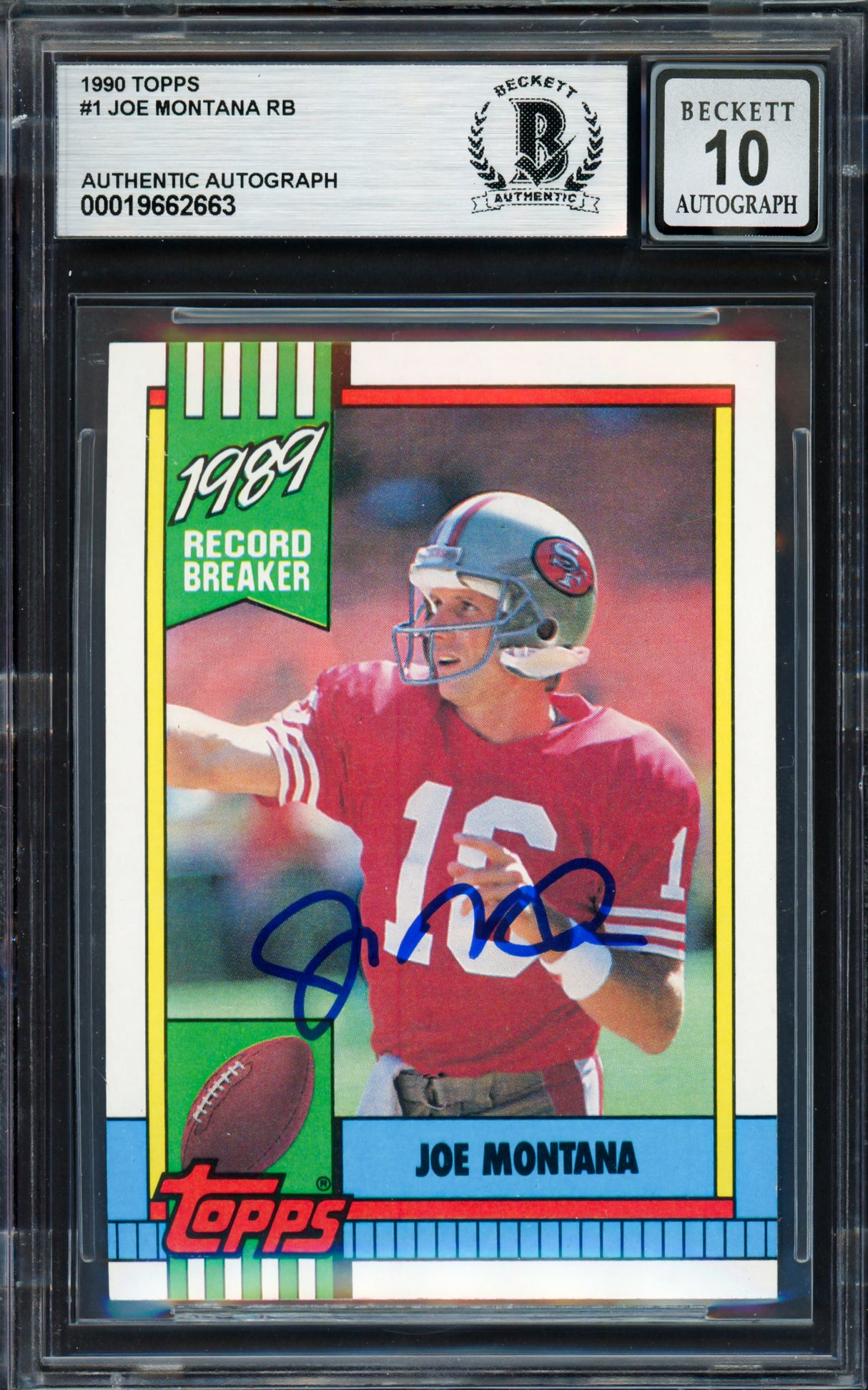 Joe Montana Autographed 1990 Topps Card #1 San Francisco 49ers Auto Grade Gem Mint 10 Beckett BAS #19662663