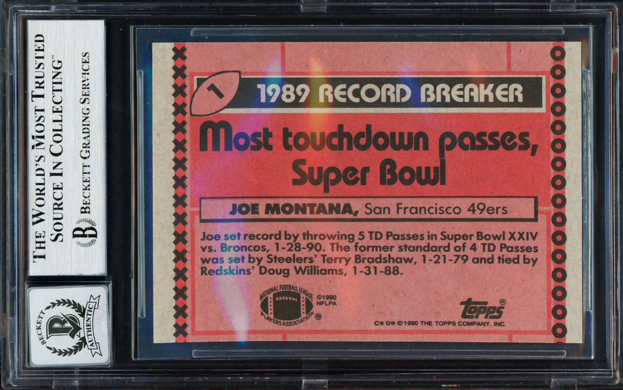 Joe Montana Autographed 1990 Topps Card #1 San Francisco 49ers Auto Grade Gem Mint 10 Beckett BAS #19662663