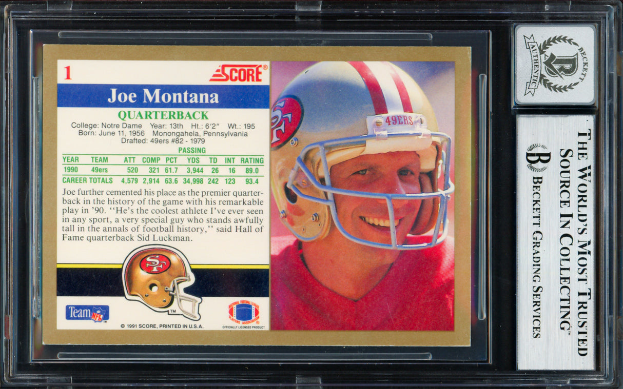 Joe Montana Autographed 1991 Score Card #1 San Francisco 49ers Auto Grade Gem Mint 10 Beckett BAS #19663065