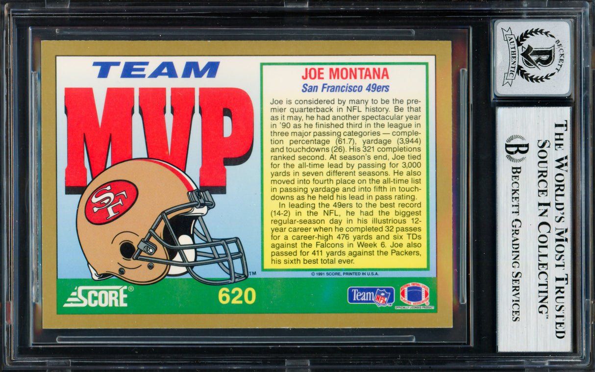 Joe Montana Autographed 1991 Score Card #620 San Francisco 49ers Auto Grade Gem Mint 10 Beckett BAS #19662813