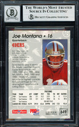 Joe Montana Autographed 1992 Pro Set Card #649 San Francisco 49ers Auto Grade Gem Mint 10 Beckett BAS #19663739