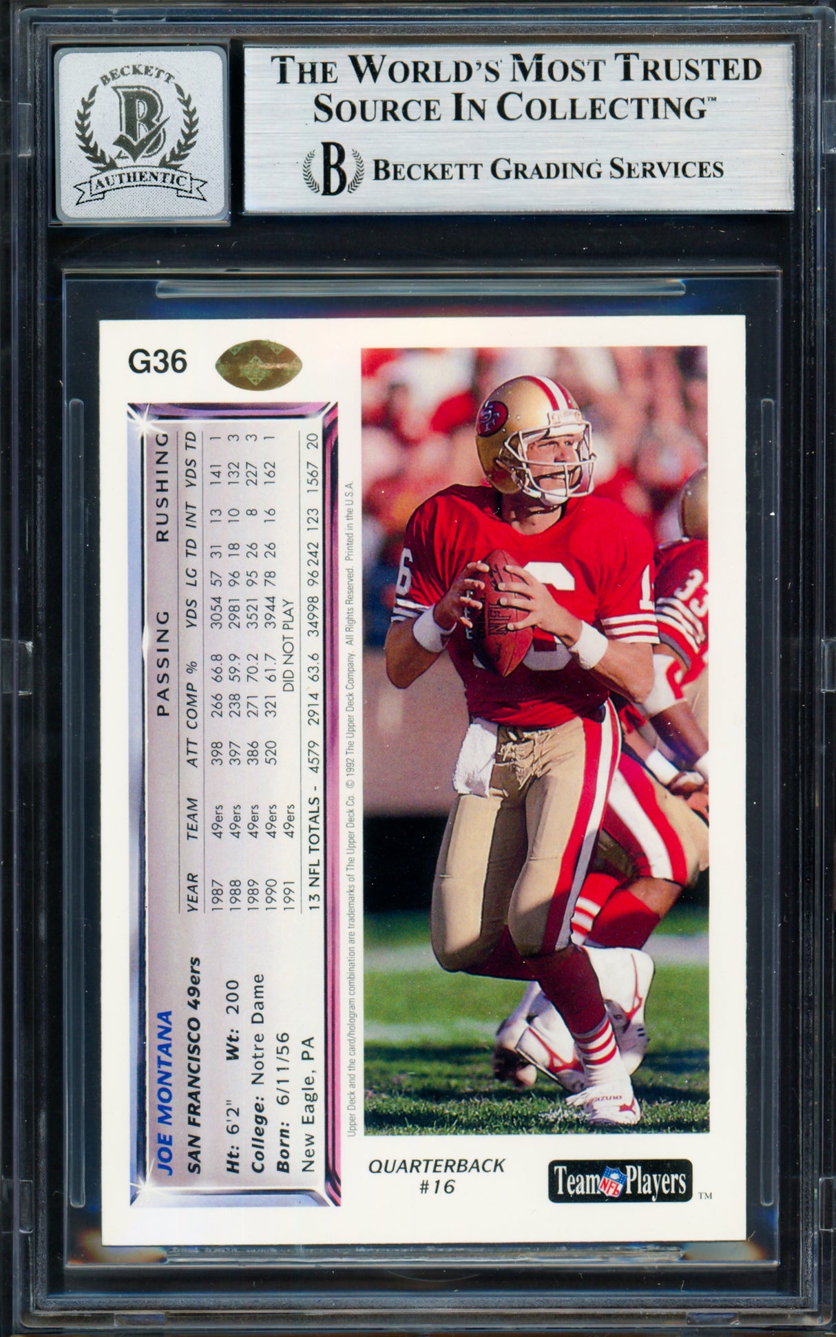 Joe Montana Autographed 1992 Upper Deck Gold Card #G36 San Francisco 49ers Auto Grade Gem Mint 10 Beckett BAS #19663707