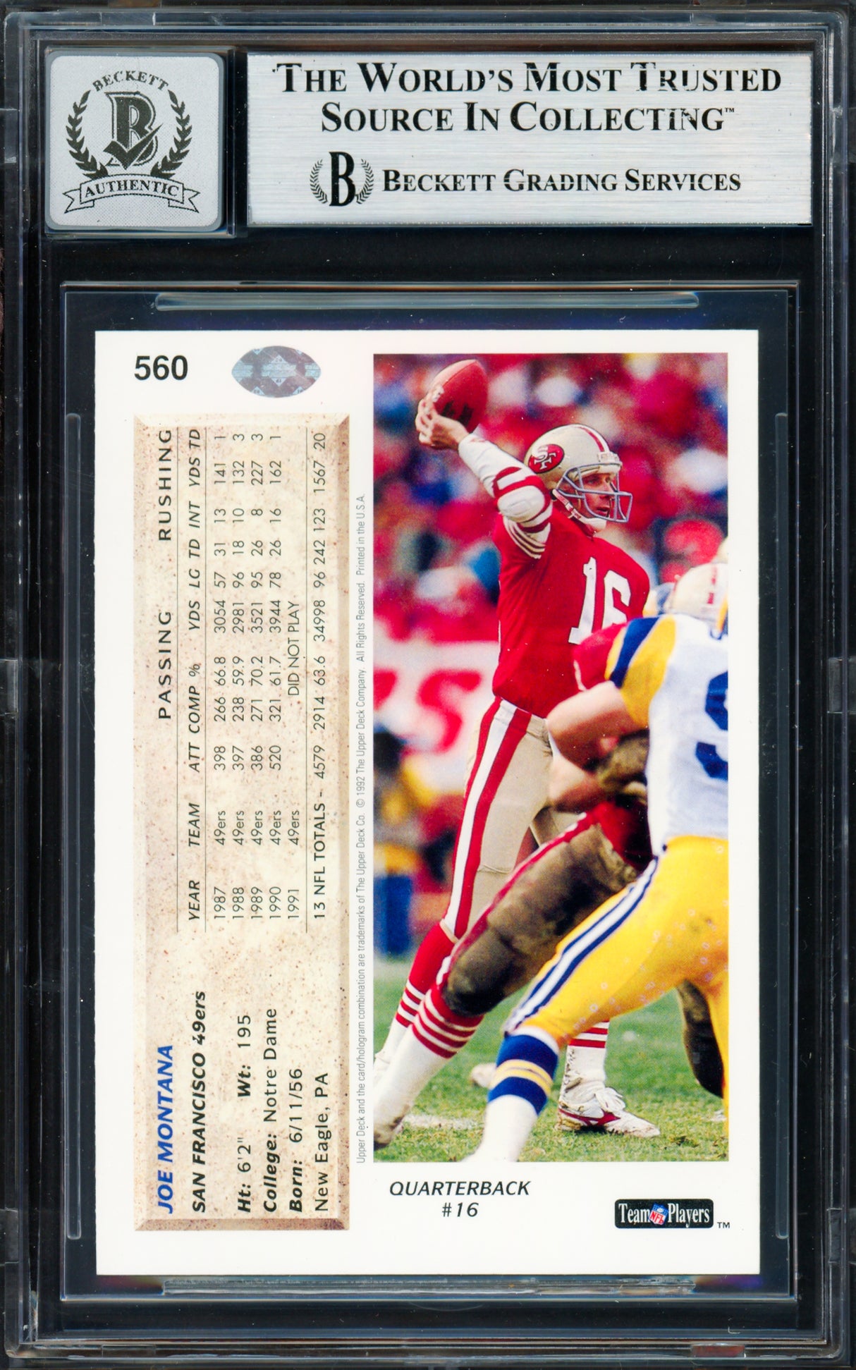 Joe Montana Autographed 1992 Upper Deck Card #560 San Francisco 49ers Auto Grade Gem Mint 10 Beckett BAS #19663713