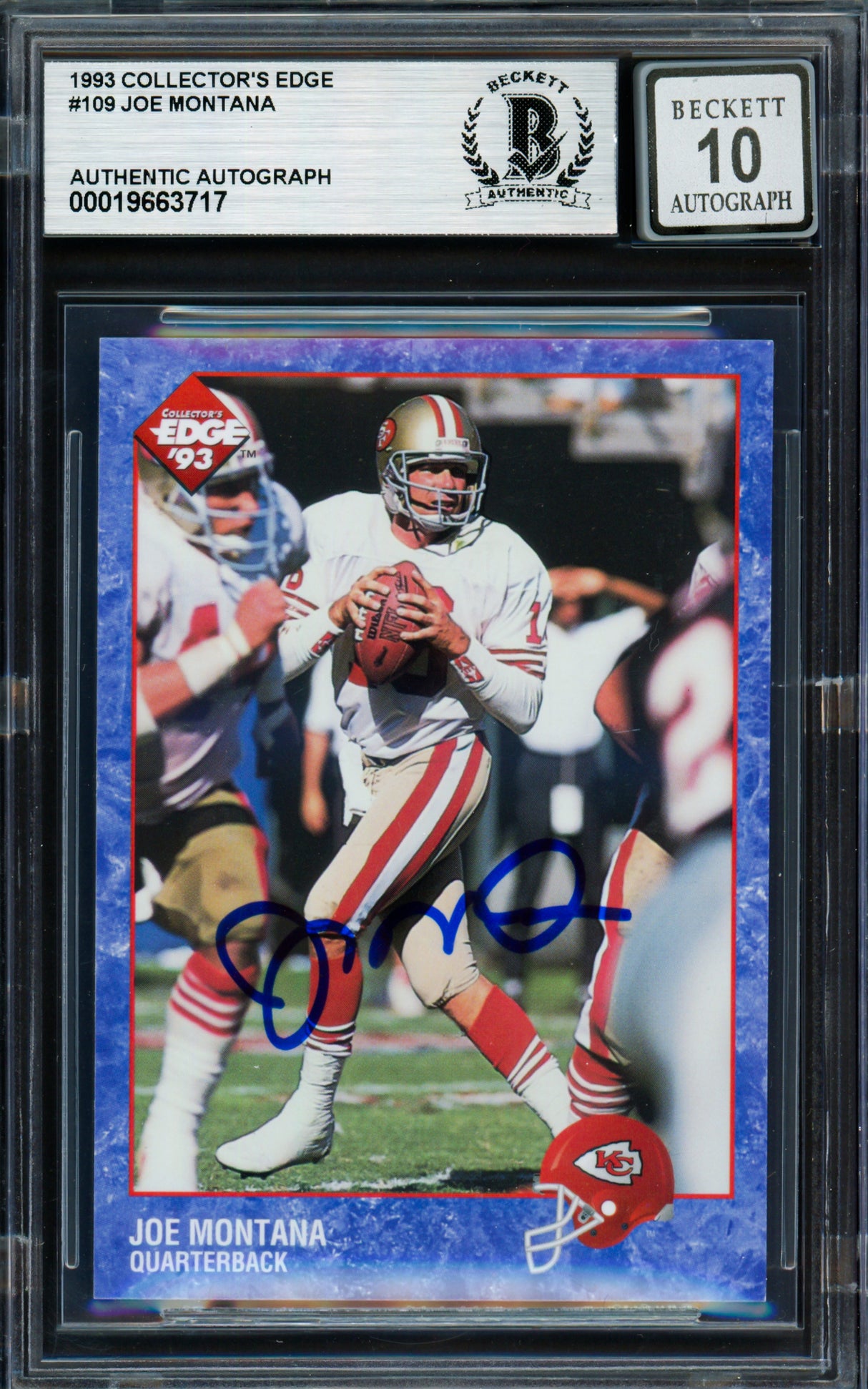 Joe Montana Autographed 1993 Collectors Edge Card #109 Kansas City Chiefs Auto Grade Gem Mint 10 Beckett BAS #19663717