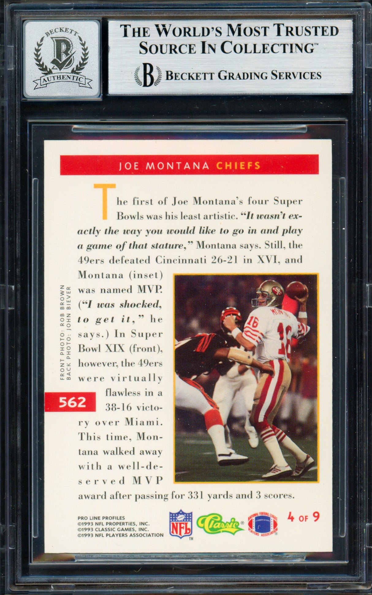 Joe Montana Autographed 1993 Proline Portraits Card #562 San Francisco 49ers Auto Grade Gem Mint 10 Beckett BAS #19663731