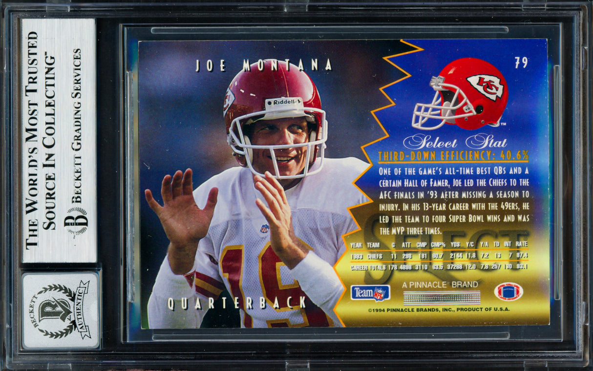Joe Montana Autographed 1994 Select Card #79 Kansas City Chiefs Auto Grade Gem Mint 10 Beckett BAS #19662985