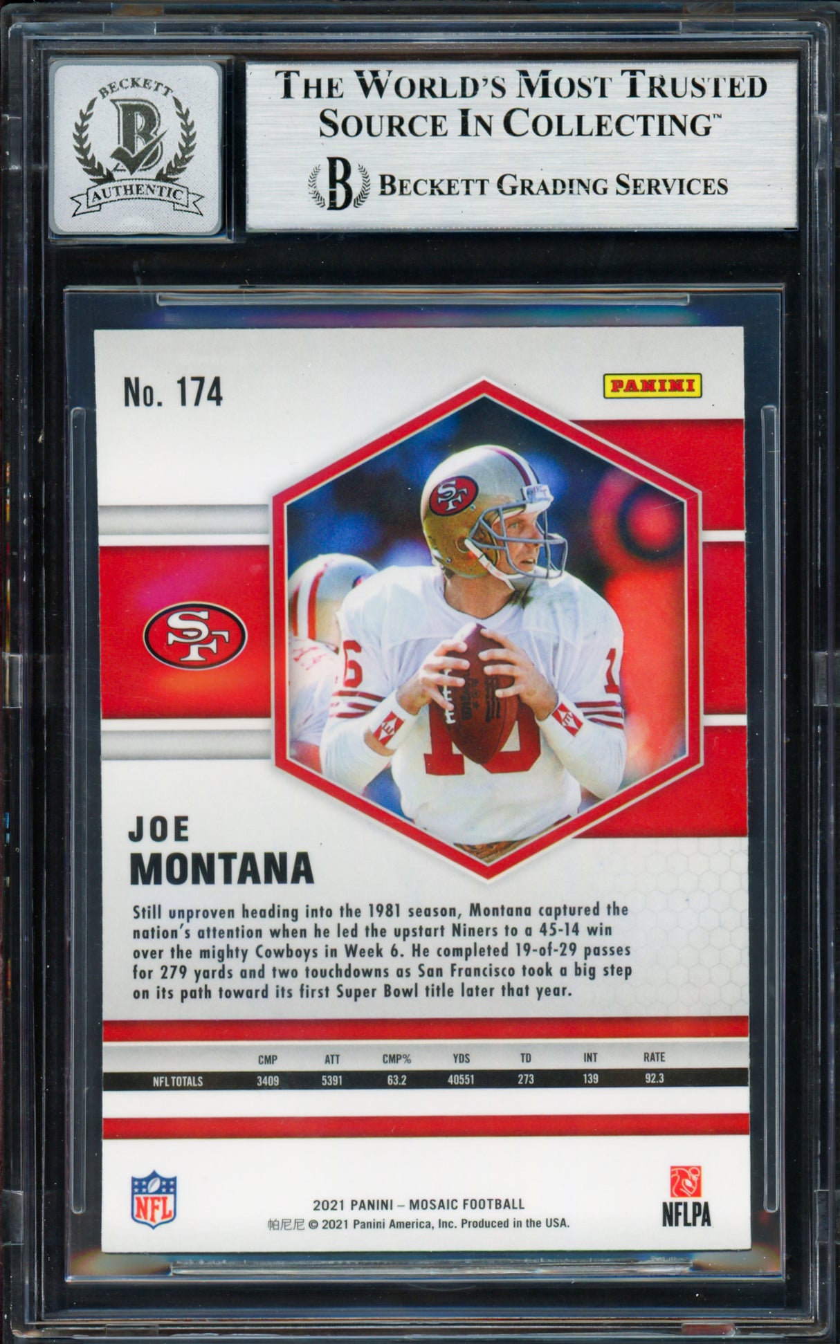 Joe Montana Autographed 2021 Panini Mosaic Card #174 San Francisco 49ers Auto Grade Gem Mint 10 Beckett BAS #19662975