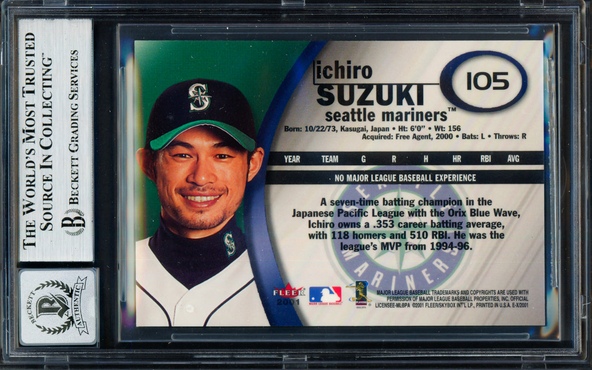 Ichiro Suzuki Autographed 2001 Fleer E-X Rookie Card #105 Seattle Mariners Auto Grade Gem Mint 10 Beckett BAS #19664029
