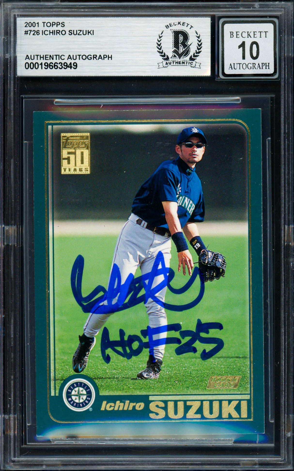 Ichiro Suzuki Autographed 2001 Topps Rookie Card #726 Seattle Mariners Auto Grade Gem Mint 10 "HOF 25" Beckett BAS #19663949
