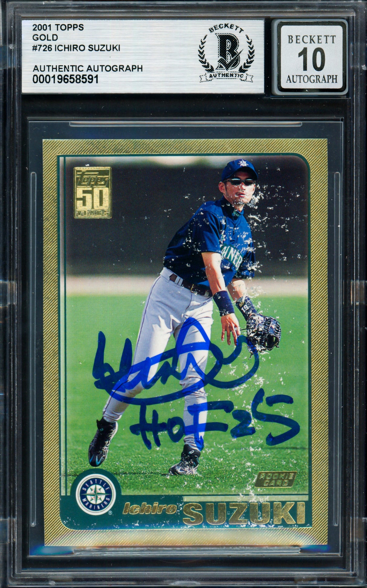 Ichiro Suzuki Autographed 2001 Topps Gold Rookie Card #726 Seattle Mariners Auto Grade Gem Mint 10 (Damaged) #0362/2001 Beckett BAS #19658591