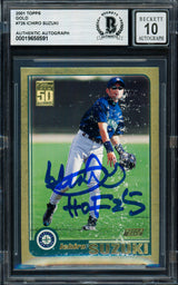 Ichiro Suzuki Autographed 2001 Topps Gold Rookie Card #726 Seattle Mariners Auto Grade Gem Mint 10 (Damaged) #0362/2001 Beckett BAS #19658591