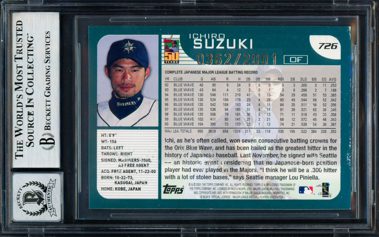 Ichiro Suzuki Autographed 2001 Topps Gold Rookie Card #726 Seattle Mariners Auto Grade Gem Mint 10 (Damaged) #0362/2001 Beckett BAS #19658591