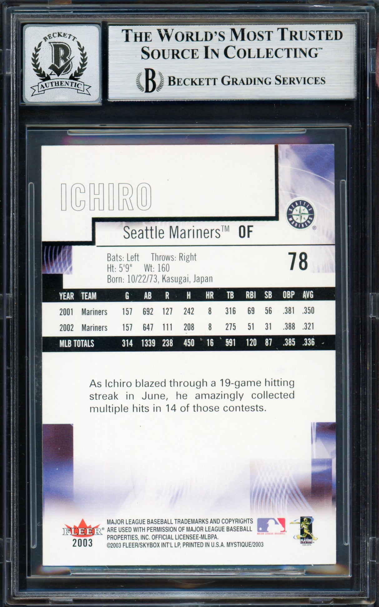 Ichiro Suzuki Autographed 2003 Fleer Mystique Rookie Card #78 Seattle Mariners Auto Grade Gem Mint 10 Beckett BAS #19658579