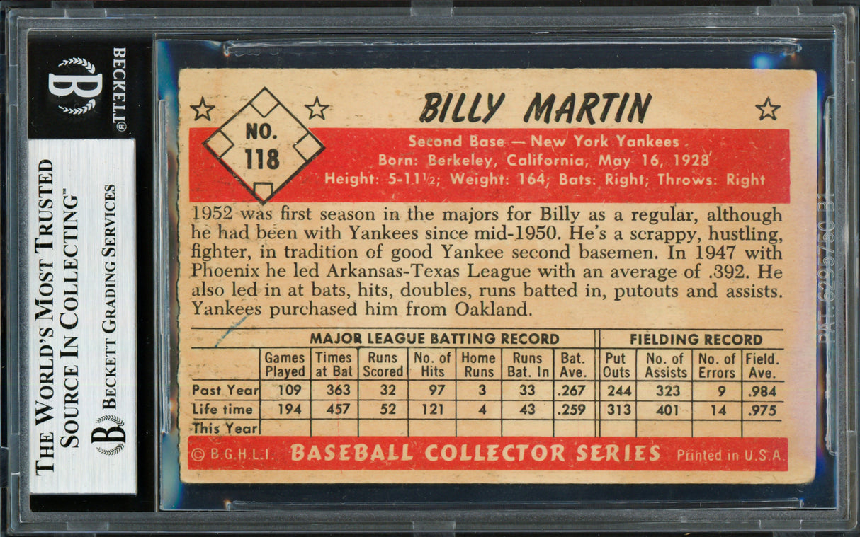 Billy Martin Autographed 1953 Bowman Color Card #118 New York Yankees Beckett BAS #18969319