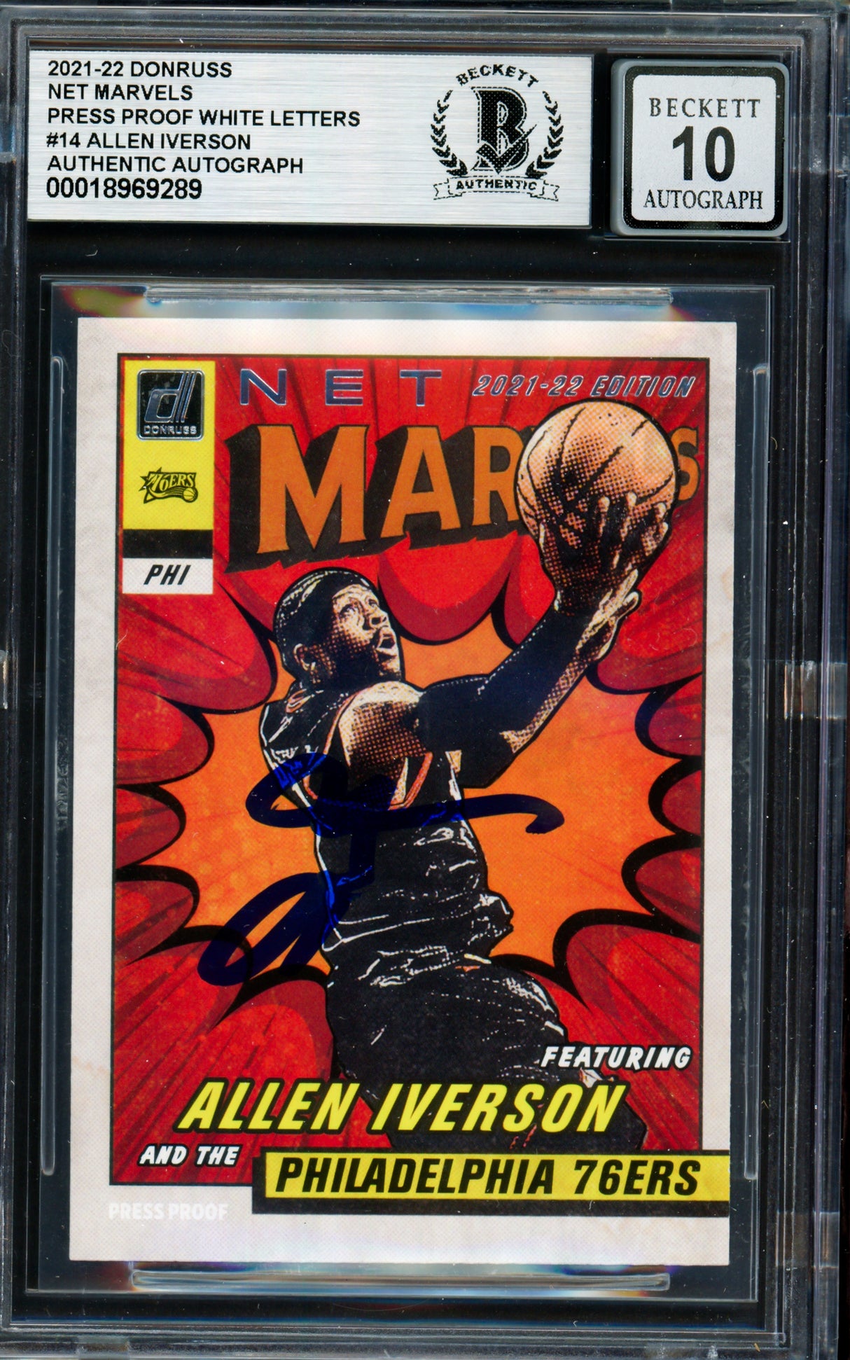 Allen Iverson Autographed 2021-22 Panini Donruss    Card #14 Philadelphia 76ers Auto Grade Gem Mint 10 Press Proof White Letters Beckett BAS #18969289