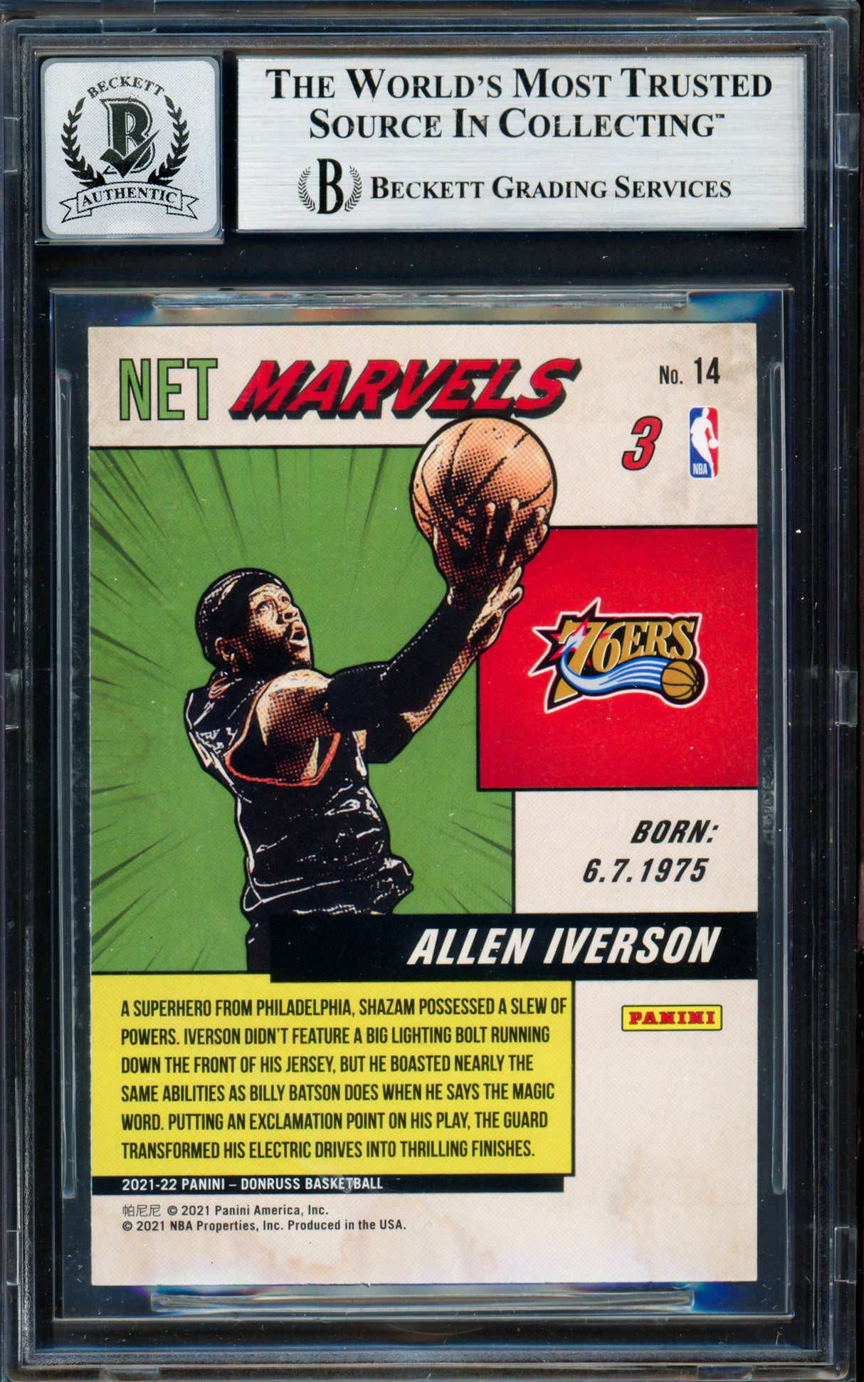 Allen Iverson Autographed 2021-22 Panini Donruss    Card #14 Philadelphia 76ers Auto Grade Gem Mint 10 Press Proof White Letters Beckett BAS #18969289