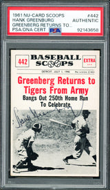 Hank Greenberg Autographed 1961 Nu-Card Scoops Card #442 Detroit Tigers PSA/DNA #92143658