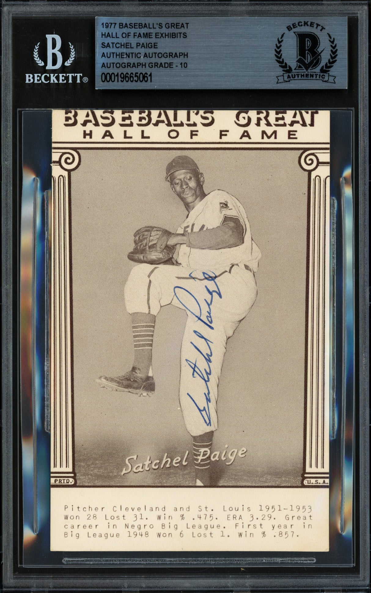 Satchel Paige Autographed 1977 Baseball's Great Hall of Fame Exhibit Card Negro Leagues Auto Grade Gem Mint 10 Beckett BAS #19665061