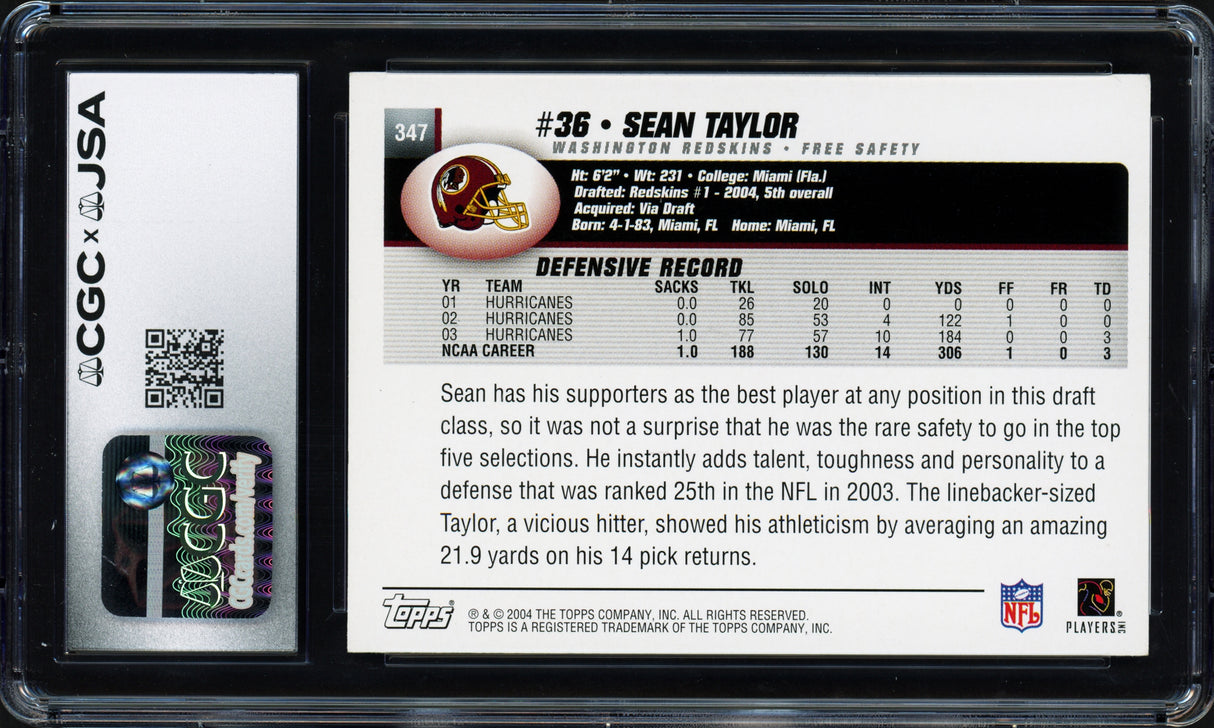 Sean Taylor Autographed 2004 Topps Rookie Card #347 Washington Redskins CGCxJSA 8.5 Auto Grade Mint 9 CGCxJSA #6074248001