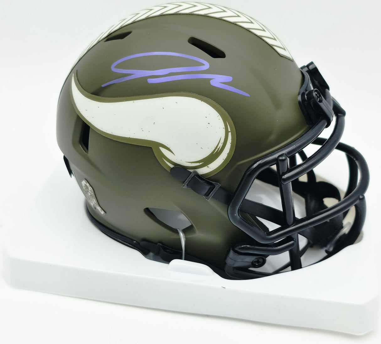 Jordan Addison Autographed Minnesota Vikings Camo Salute to Service Speed Mini Helmet Beckett BAS QR #BW00277
