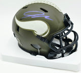 Jordan Addison Autographed Minnesota Vikings Camo Salute to Service Speed Mini Helmet Beckett BAS QR #BW00277