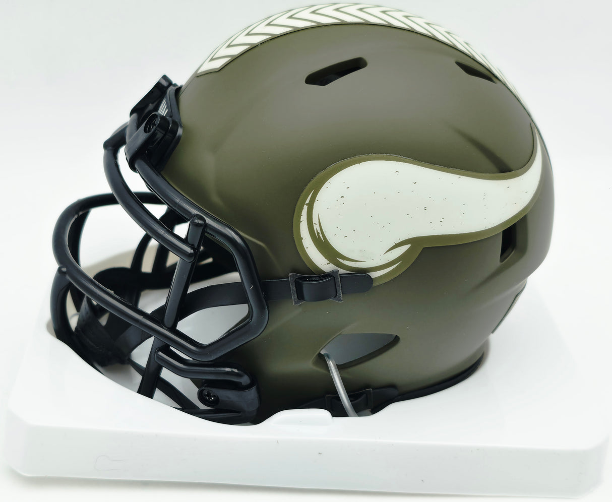 Jordan Addison Autographed Minnesota Vikings Camo Salute to Service Speed Mini Helmet Beckett BAS QR #BW00277