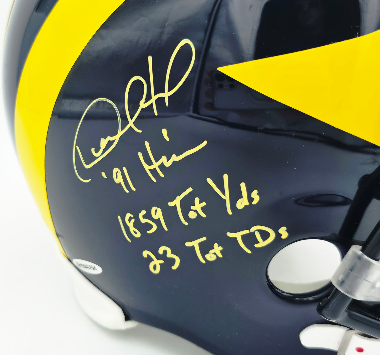 Desmond Howard Autographed Michigan Wolverines Blue & Yellow Replica Full Size Helmet "91 Heis, 1859 Tot Yds & 23 Tot TDs" #12/21 UDA Holo #SHO94794