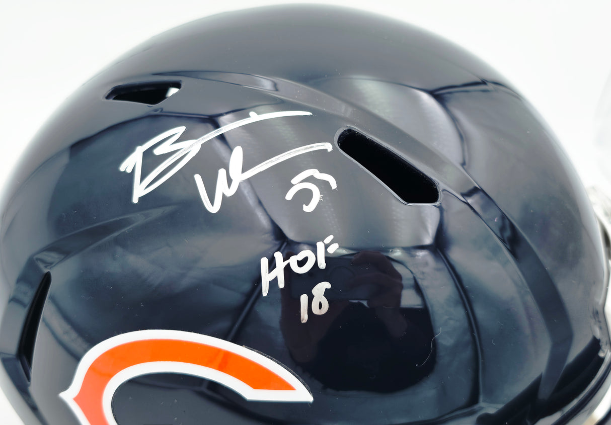 Brian Urlacher Autographed Chicago Bears Blue Full Size Speed Replica Helmet "HOF 18" Beckett BAS Witness #4W469103