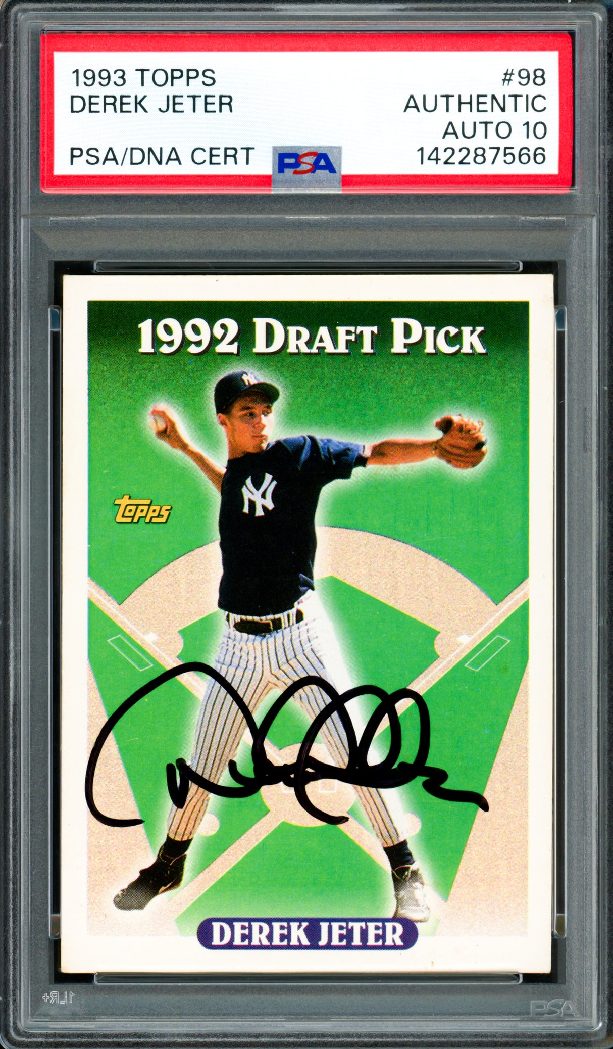 Derek Jeter Autographed 1993 Topps Rookie Card #98 New York Yankees Auto Grade Gem Mint 10 PSA/DNA #142287566