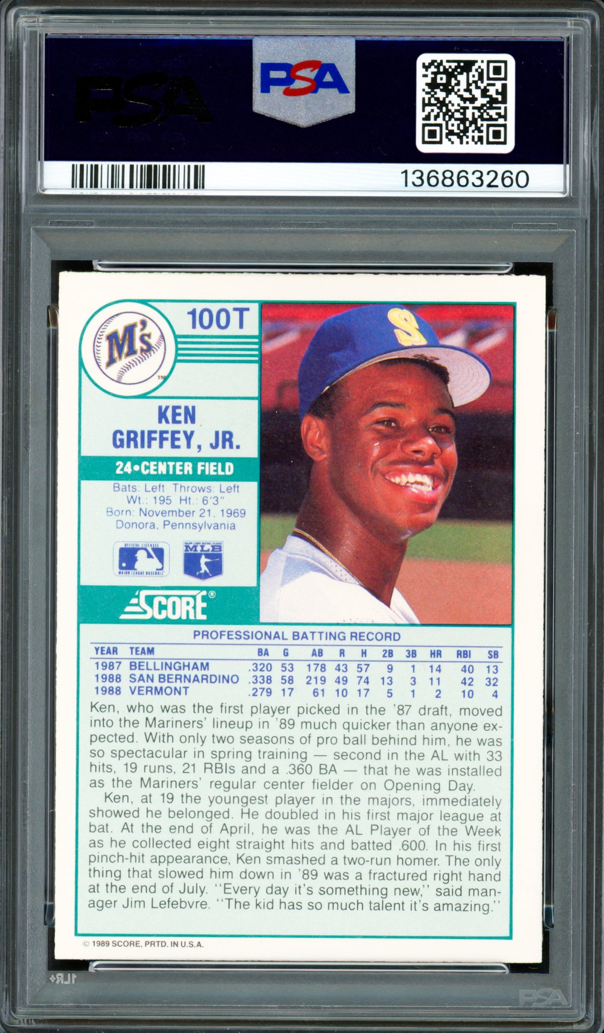 Ken Griffey Jr. Autographed 1989 Score Traded Rookie Card #100T Seattle Mariners PSA 9 Auto Grade Mint 9 PSA/DNA #136863260