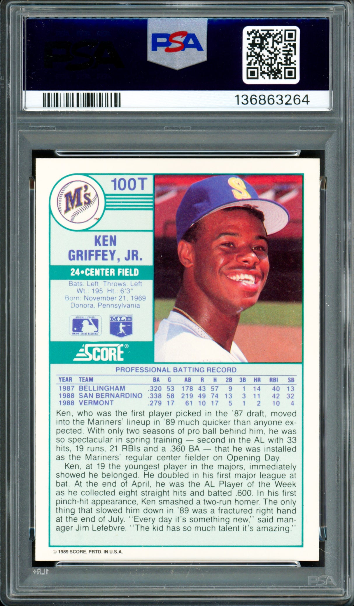 Ken Griffey Jr. Autographed 1989 Score Traded Rookie Card #100T Seattle Mariners PSA 9 Auto Grade Mint 9 PSA/DNA #136863264