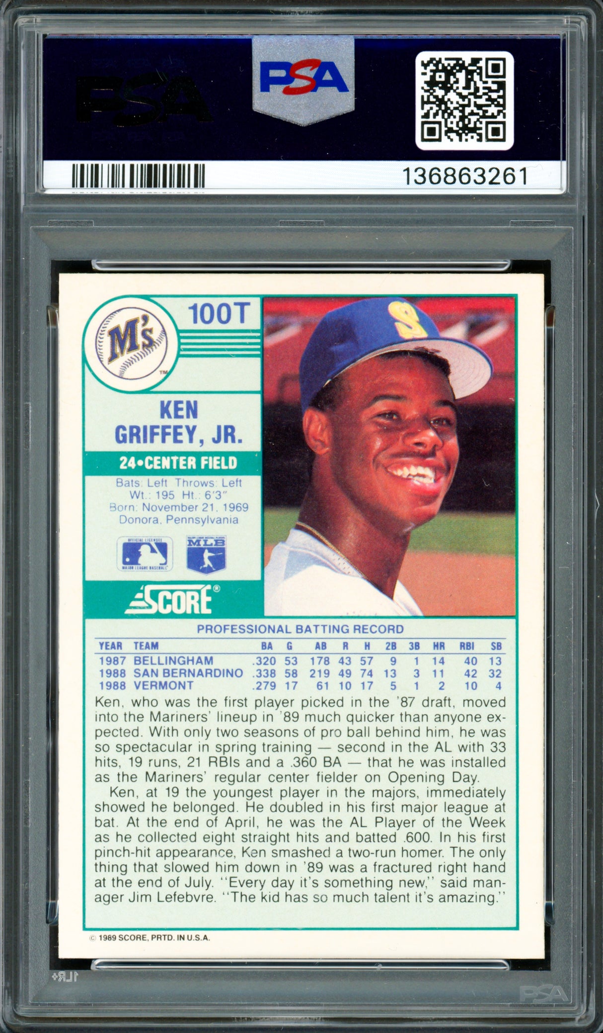 Ken Griffey Jr. Autographed 1989 Score Traded Rookie Card #100T Seattle Mariners PSA 8 Auto Grade Gem Mint 10 PSA/DNA #136863261