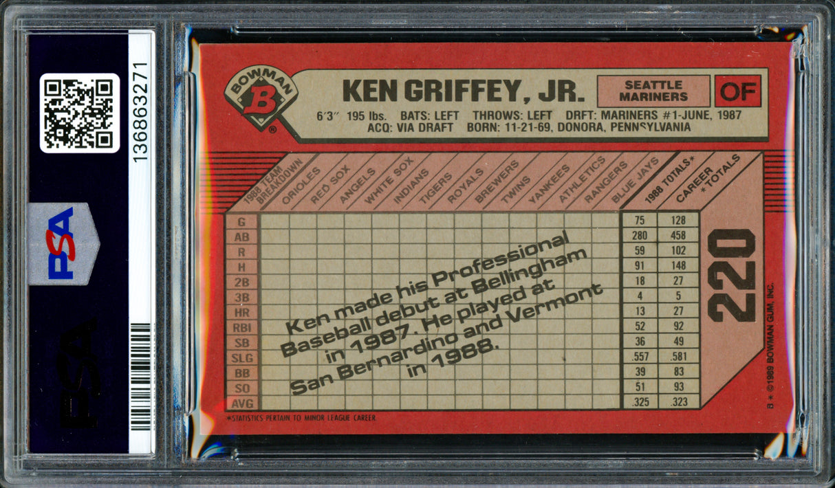 Ken Griffey Jr. Autographed 1989 Bowman Rookie Card #220 Seattle Mariners PSA 8.5 Auto Grade Gem Mint 10 PSA/DNA #136863271