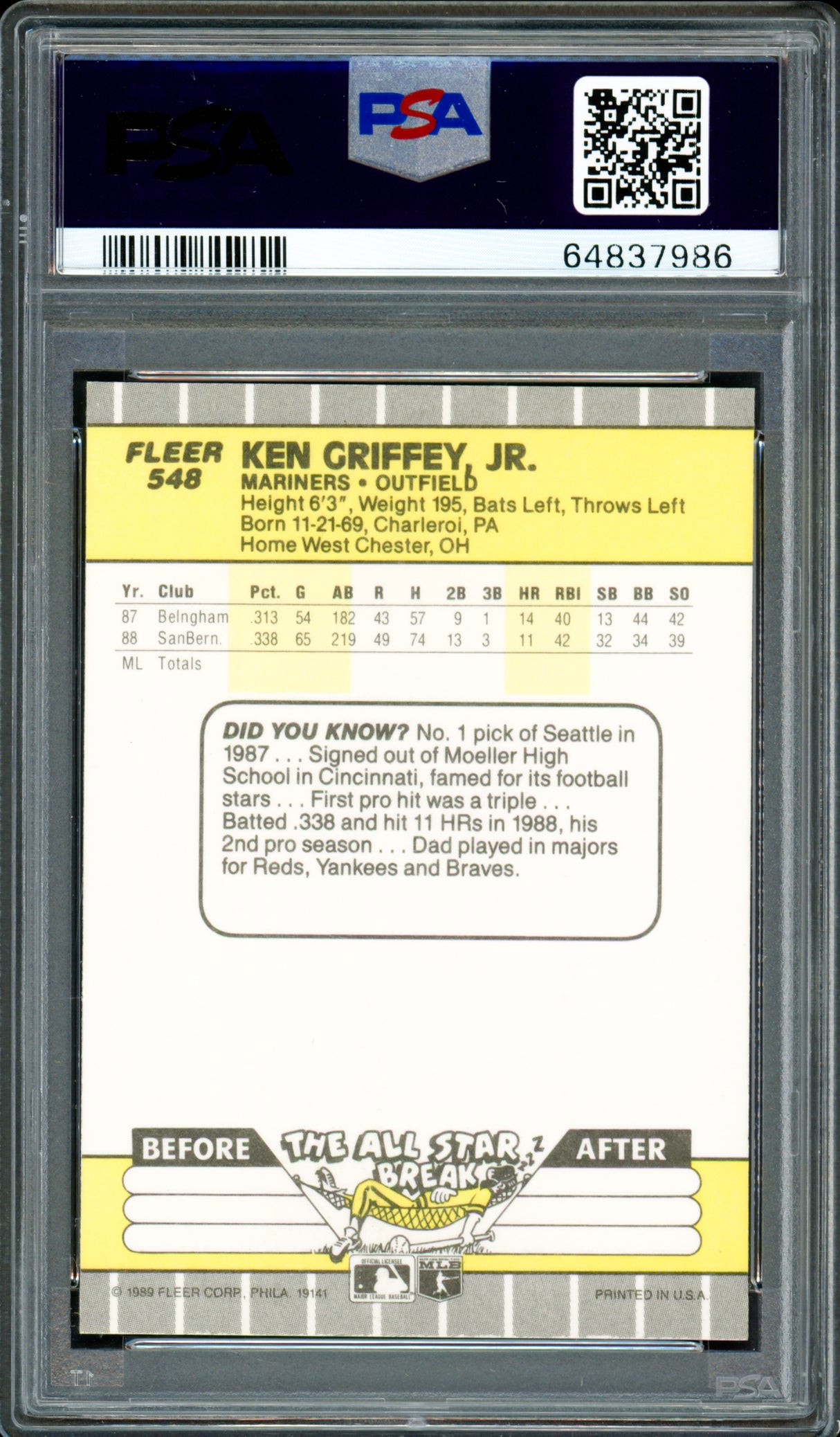 Ken Griffey Jr. Autographed 1989 Fleer Rookie Card #548 Seattle Mariners PSA 9 Auto Grade Gem Mint 10 PSA/DNA #64837986