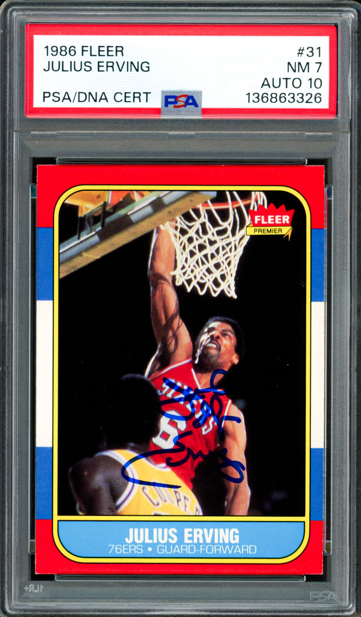 Julius Dr. J Erving Autographed 1986-87 Fleer Card #31 Philadelphia 76ers PSA 7 Auto Grade Gem Mint 10 PSA/DNA #136863326