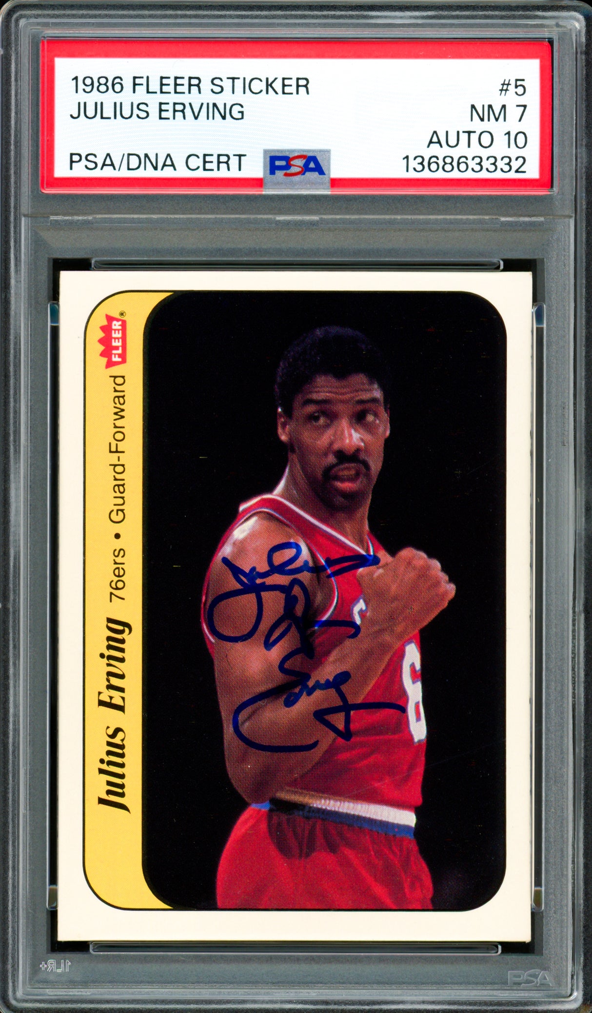 Julius Dr. J Erving Autographed 1986-87 Fleer Sticker Card #5 Philadelphia 76ers PSA 7 Auto Grade Gem Mint 10 PSA/DNA #136863332