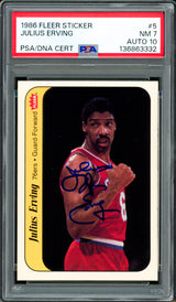 Julius Dr. J Erving Autographed 1986-87 Fleer Sticker Card #5 Philadelphia 76ers PSA 7 Auto Grade Gem Mint 10 PSA/DNA #136863332