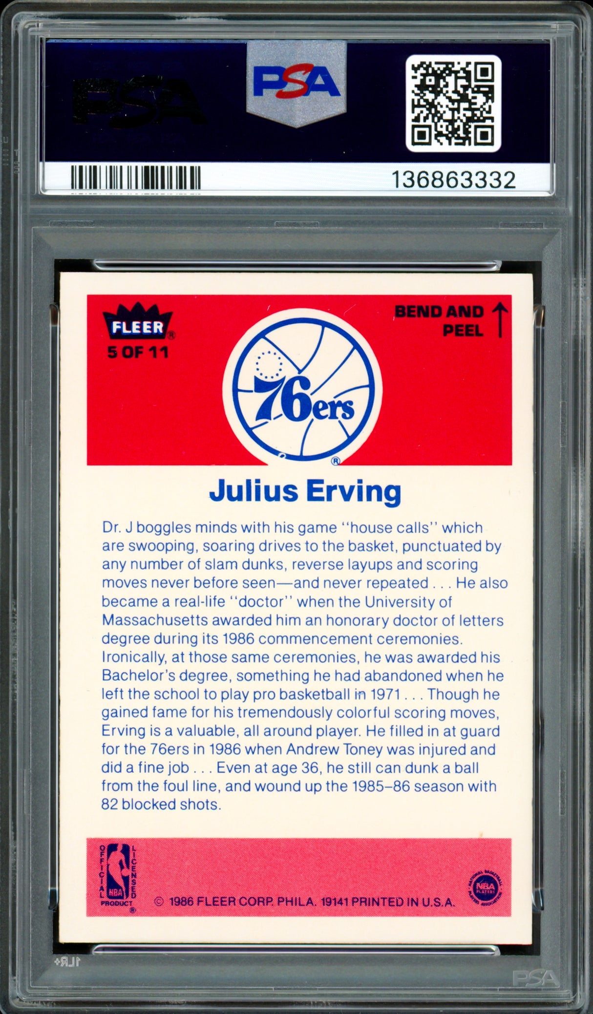 Julius Dr. J Erving Autographed 1986-87 Fleer Sticker Card #5 Philadelphia 76ers PSA 7 Auto Grade Gem Mint 10 PSA/DNA #136863332