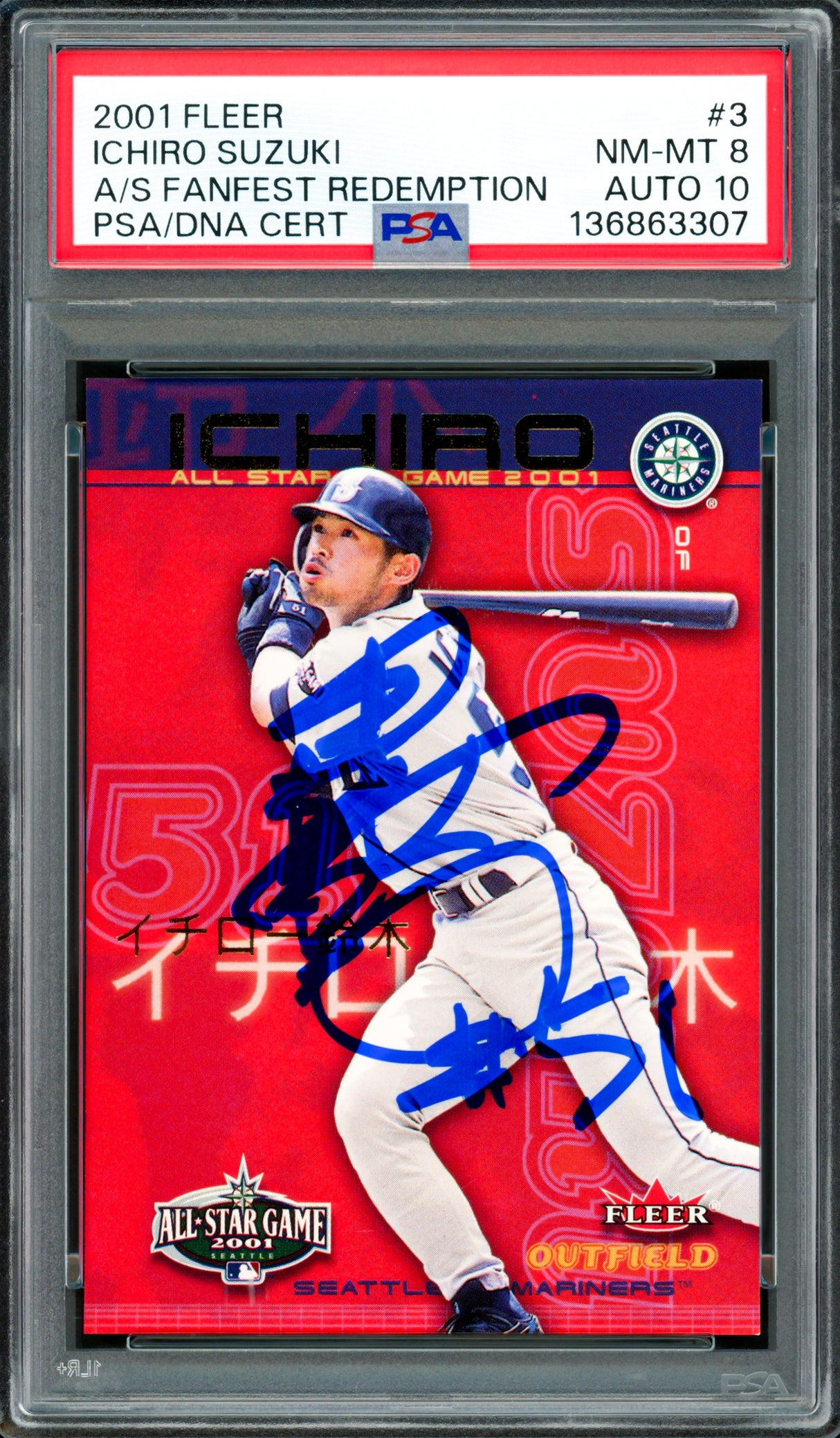 Ichiro Suzuki Autographed 2001 Fleer All Star Fan Fest Rookie Card #3 Seattle Mariners PSA 8 Auto Grade Gem Mint 10 "#51" In Kanji PSA/DNA #136863307